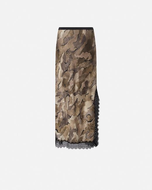 Pinko Natural Camouflage Midi Skirt With Lace And Slit