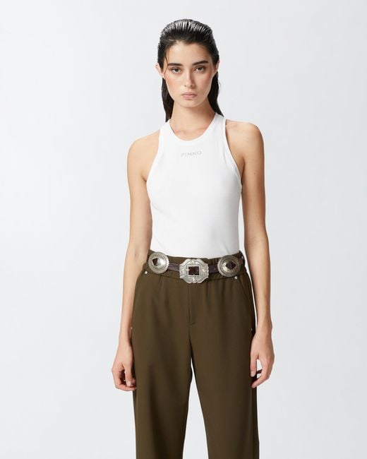 Pinko White Ribbed Camisole Top With Logo