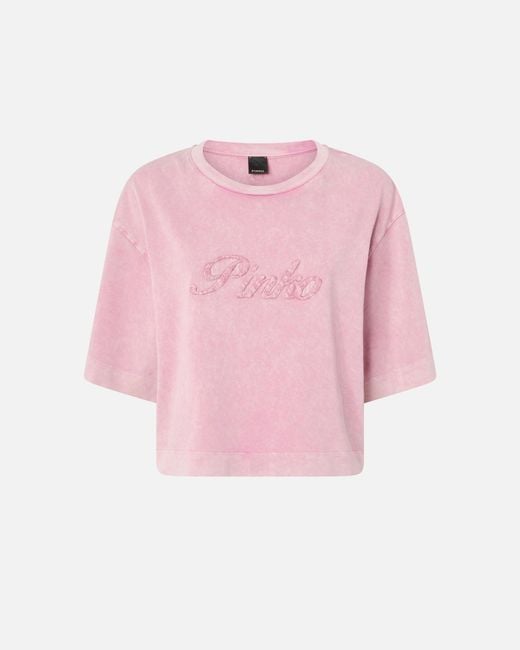 Pinko Pink Cropped T-Shirt With Distressed Embroidery