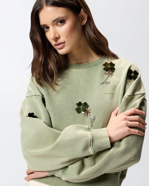 Pinko Green Sweatshirt With Jewel Flowers