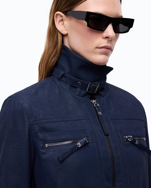 Pinko Blue Cropped Nubuck Leather-Effect Jacket