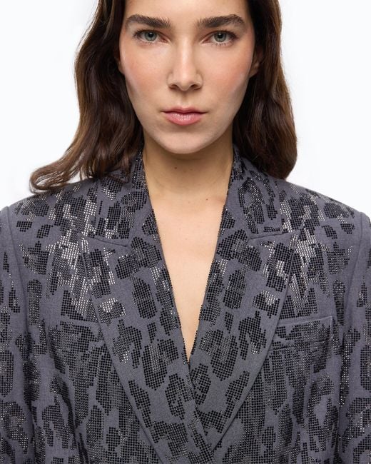 Pinko Gray Double-Breasted Jacket With Rhinestones And Jaguar Motif