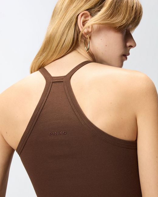 Pinko Brown Cropped Vest Top With Asymmetric Neckline