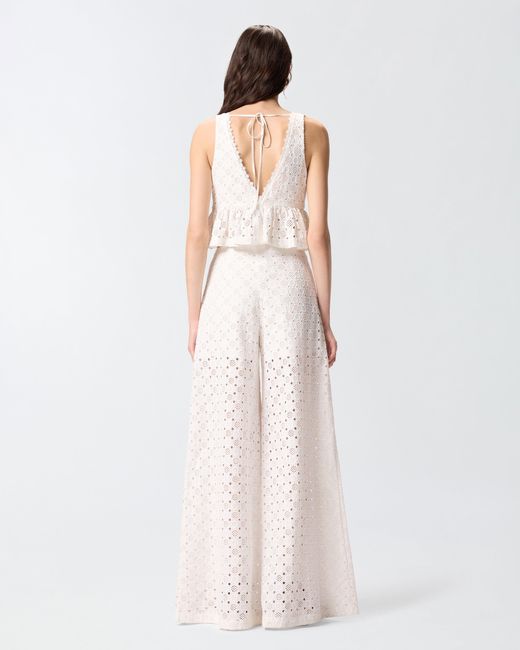 Pinko White Crop Top With Ruffle And Openwork Pattern