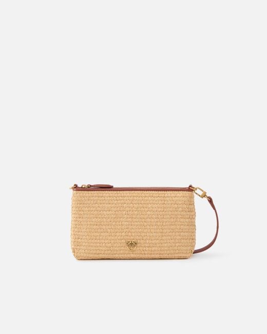 Pinko Natural Small Flat Bag In Crocheted Raffia With Removable Shoulder Strap