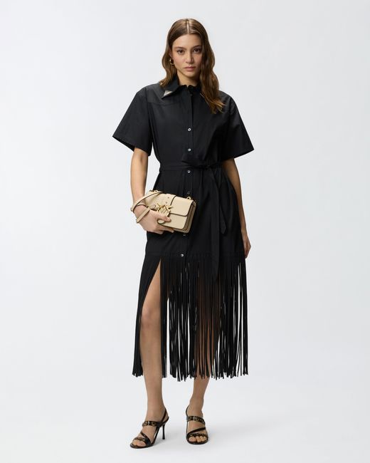 Pinko Black Long Shirt Dress With Fringing And Metallic Details