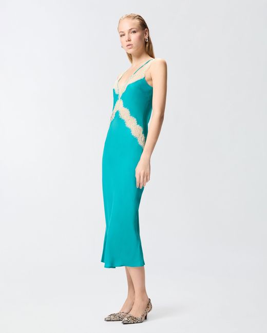 Pinko Blue Midi Slip Dress With Lace Bands