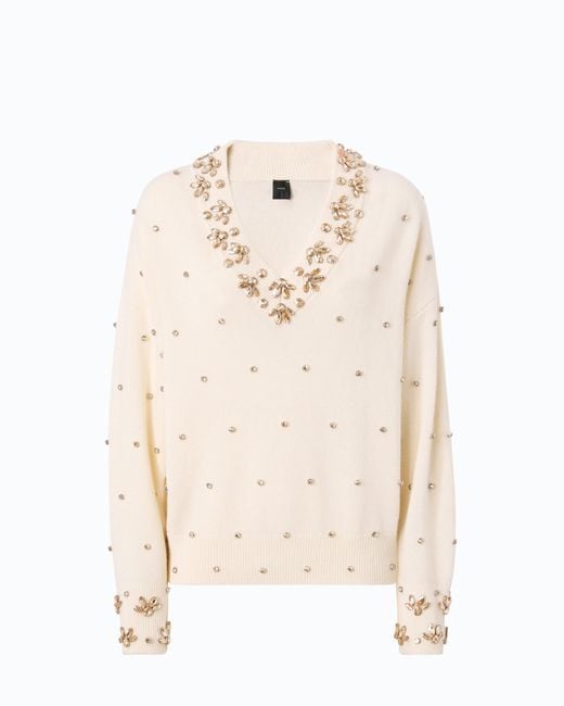 Pinko Natural Wool And Cashmere Sweater With Jewel Appliqués