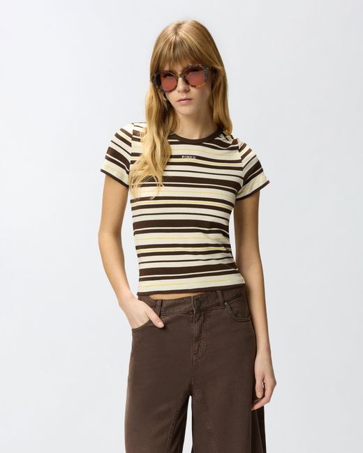 Pinko White Cropped Striped T-Shirt With Logo