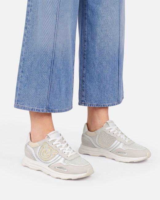 Pinko White Mesh And Suede Sneakers With Love Birds Logo