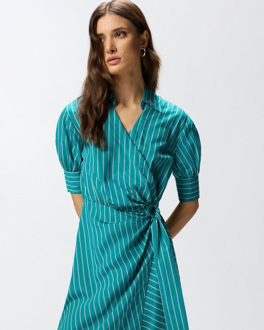Pinko Blue Long Wrap Dress With Striped Pattern