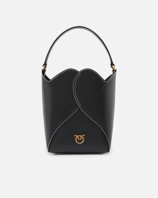 Pinko Black Heart Mini Leather Bucket Bag With Shoulder Strap