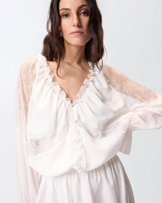 Pinko White Mini Dress With Long Sleeves And Lace Details