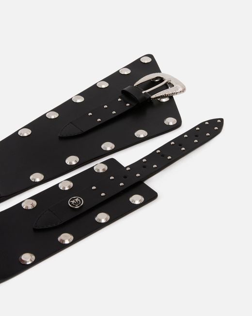 Pinko Black Leather Belt With Studs And Strap, 15 Cm