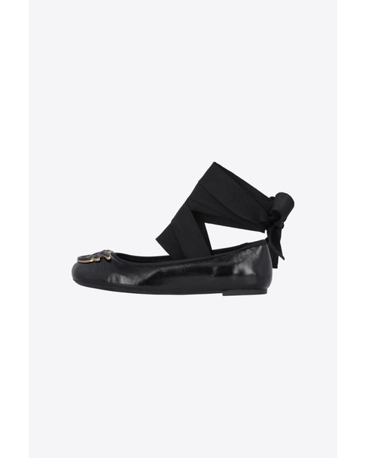 Pinko Black Nappa Leather Ballerinas With Ribbons