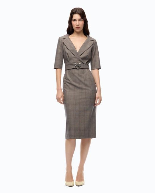 Pinko Brown Slim-Fit Check Wool Dress With Love Birds Belt