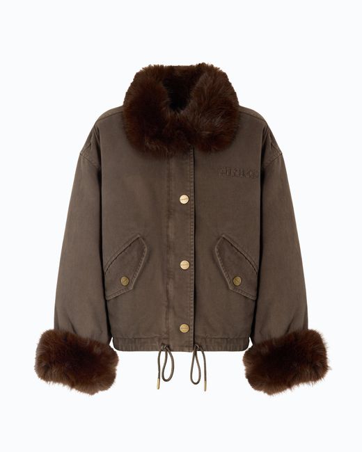 Pinko Brown Cotton Pea Coat With Faux Fur Details
