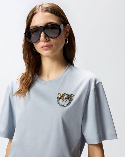 Pinko Blue T-Shirt With Love Birds Jewel Detail