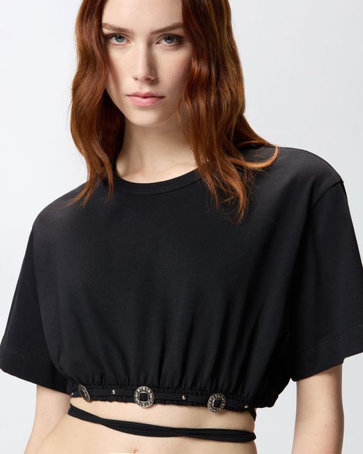 Pinko Black Cropped T-Shirt With Lace And Texan Details
