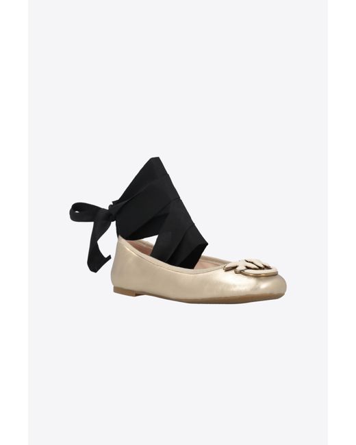 Pinko Black Laminated Leather Ballerinas With Ribbons