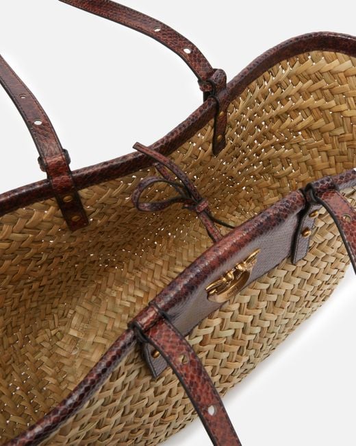 Pinko Natural Raffia Shopper Bag With Reptile-Print Details