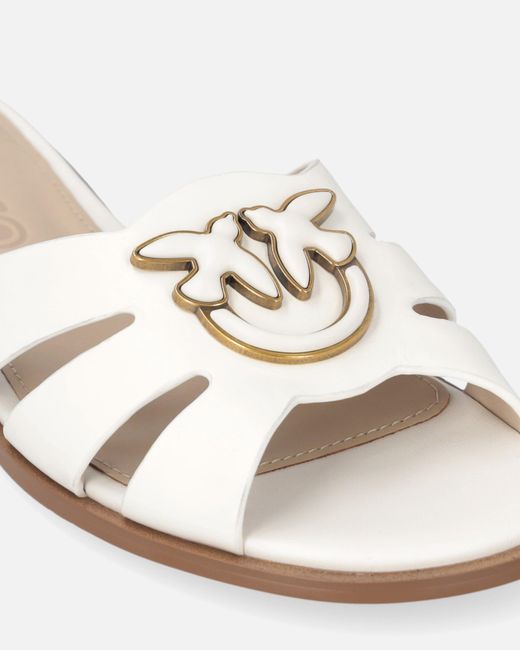 Pinko White Leather Slip-On Sandals With Love Birds Logo