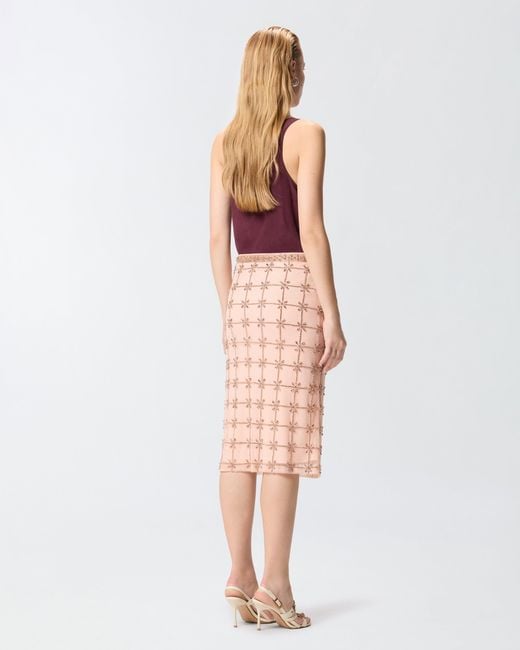 Pinko Pink Mesh Calf-Length Skirt With Crystals