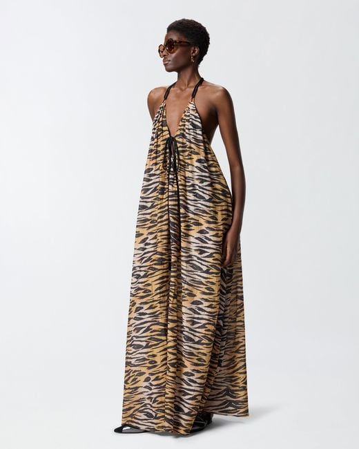 Pinko White Long Halterneck Dress With Animal Print
