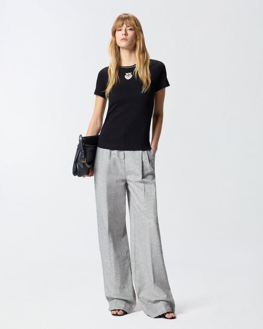 Pinko Blue Fine-Rib T-Shirt With Love Birds Embroidery