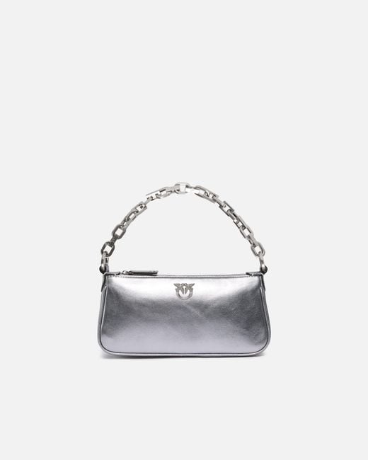 Pinko White Mini Half Moon Handbag In Laminated Suede