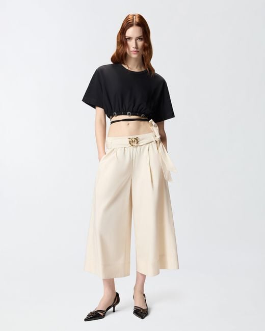 Pinko Black Cropped T-Shirt With Lace And Texan Details