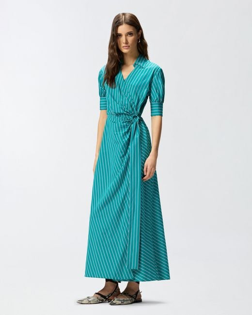 Pinko Blue Long Wrap Dress With Striped Pattern
