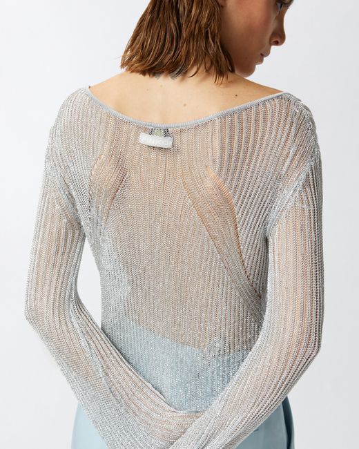 Pinko Blue Sheer Metallic Sweater With Wide Neck