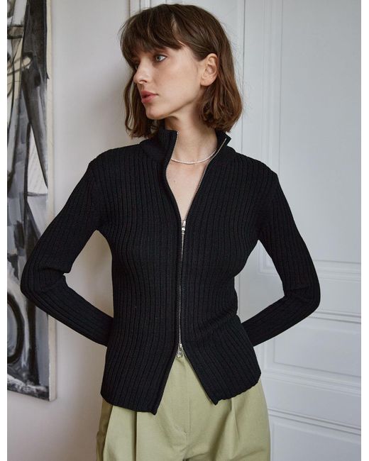 Pixie Market Black Ribbed Zipper Cardigan -bestseller | Lyst