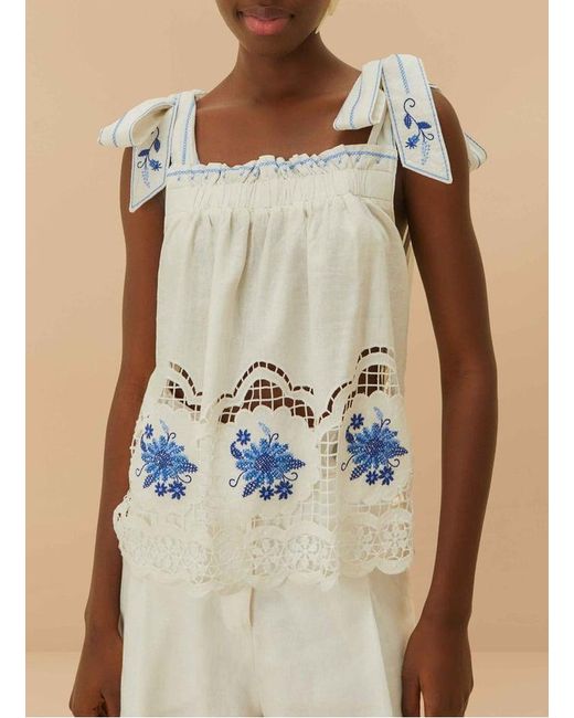 Top Col Carré Brodé En Lin Mélangé Femme Farm Rio en coloris Blue