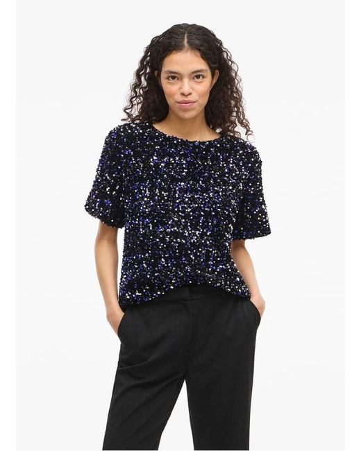 Top Droit Col Rond À Sequins Femme Vila en coloris Black