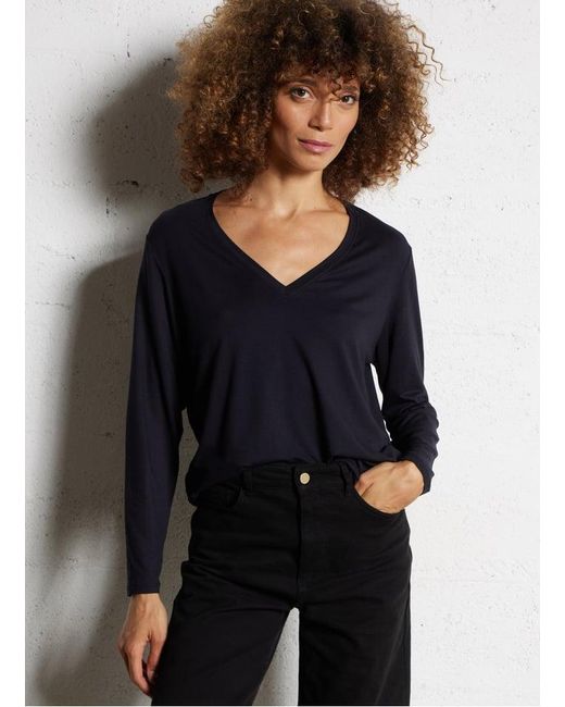Tee-Shirt Droit Col V Femme Majestic Filatures en coloris Black