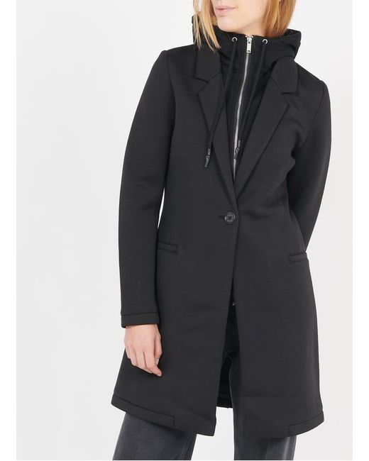 Manteau Mi-Long Col Tailleur À Capuche Femme IKKS en coloris Black