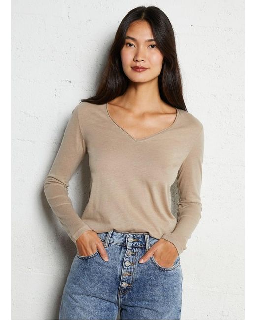 Tee-Shirt Col V En Coton Mélangé Femme Majestic Filatures en coloris Natural