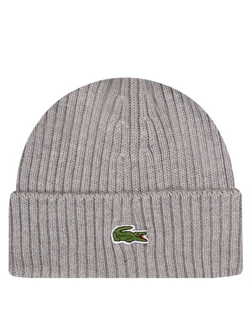 Lacoste Gray Classic Logo Ribbed Wool Beanie Grey for men