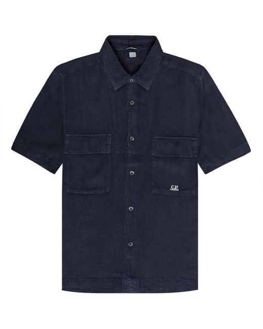 C P Company Blue Linen Ss Shirt Navy for men