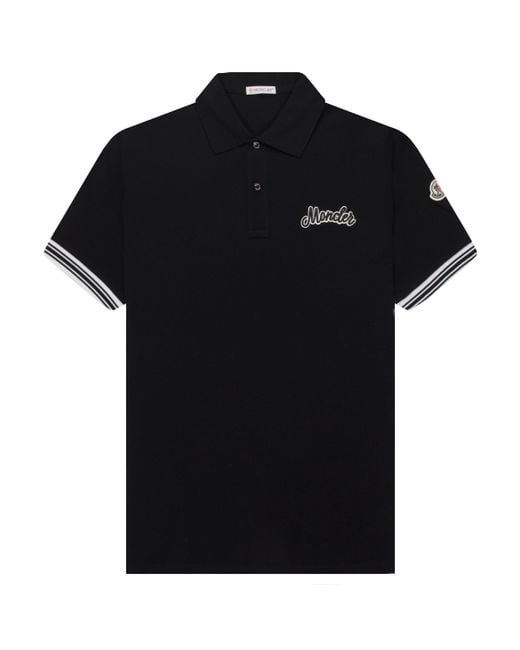 Moncler Black Embroidered Varsity Logo Polo for men