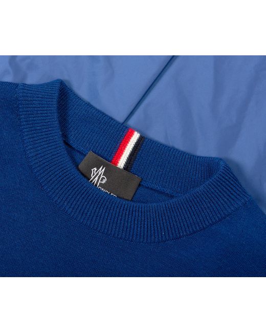 Moncler Grenoble Stretch Wool Water Repellent Detailed Crewneck Knit Blue for men