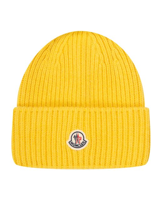 Moncler Cashmere Blend Classic Logo Beanie Yellow for men