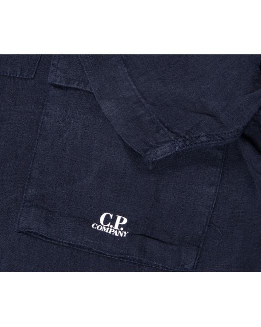 C P Company Blue Linen Ss Shirt Navy for men