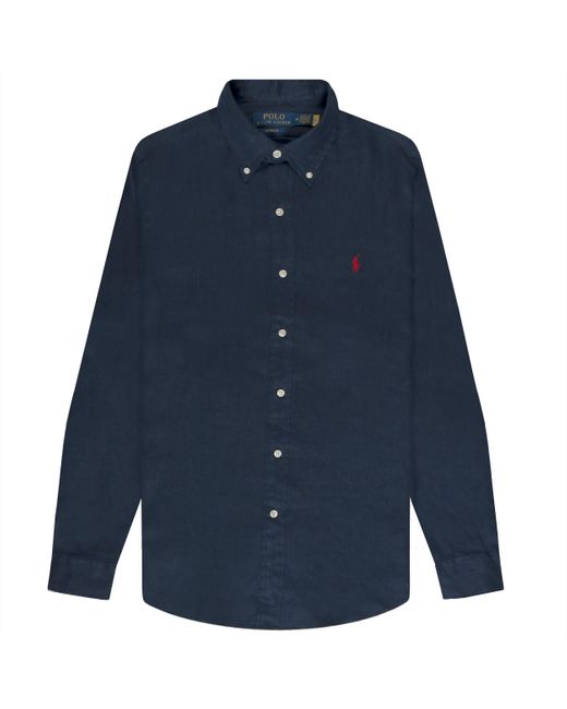Polo Ralph Lauren Blue Custom Fit Linen Shirt Navy for men