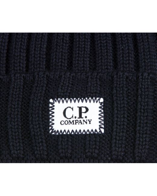 C P Company Blue Stitched Logo Woollen Beanie Navy for men