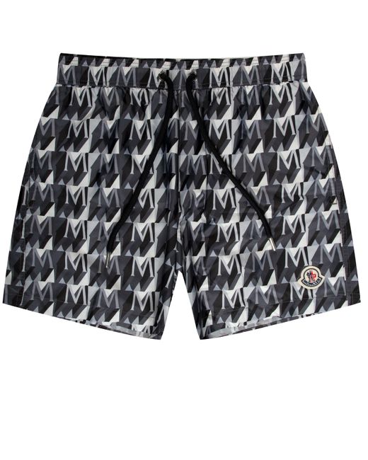 Moncler Gray Monogramed Nylon Swim Shorts Black/white for men