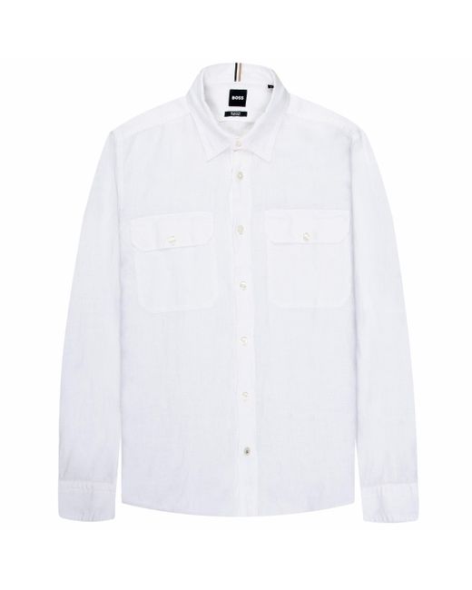Boss White H-Liam Linen Double Pocket Ls Shirt for men