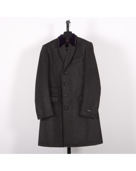 Paul Smith Black Wool Epsom Overcoat With Purple Velvet Trim Charcoal Grey for men